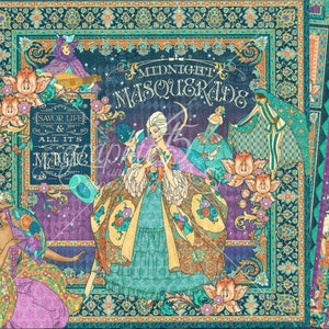 May include: A colorful illustration of a masquerade ball with a woman in a blue and gold gown, a man in a blue and gold costume, and a woman in a red and gold costume. The text "Midnight Masquerade" is written in a decorative font above the scene. The text "Savor Life & All It's Magic" is written in a decorative font below the scene.