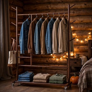 May include: A wooden garment rack on wheels holding several jackets in shades of blue, brown, and tan. A canvas tote bag hangs from the side. Below, folded denim jeans and sweaters are stacked on the bottom shelf of the rack.
