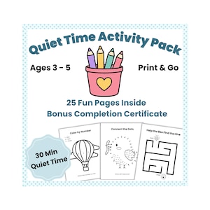 May include: A Quiet Time Activity Pack for ages 3-5 featuring 25 pages, a bonus completion certificate, and 30 min quiet time. Includes a pink cup with colored pencils, a color by number hot air balloon, a connect the dots bird, and a bee maze.