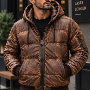 May include: A brown distressed leather puffer jacket with a hood, a front zipper closure, and dark brown ribbed cuffs and hem. The jacket features horizontal quilted stitching, two front pockets, and a small zippered utility pocket on the left sleeve.