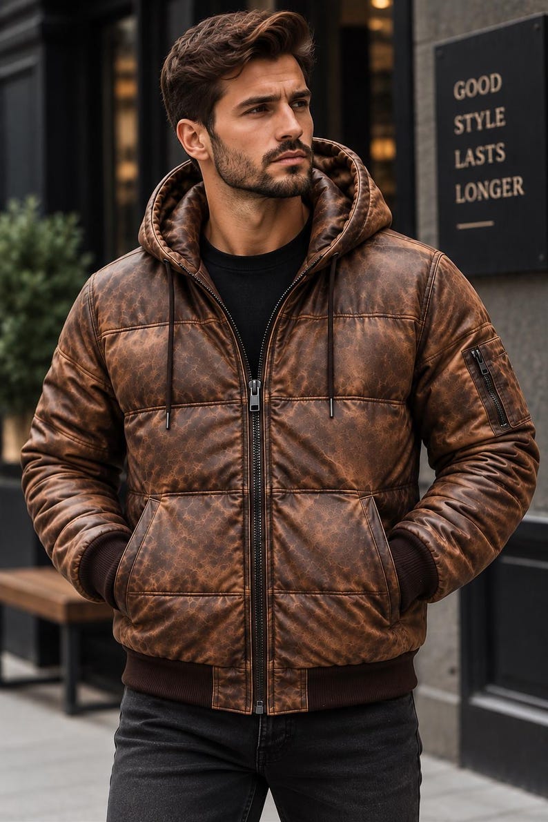 May include: A brown distressed leather puffer jacket with a hood, a front zipper closure, and dark brown ribbed cuffs and hem. The jacket features horizontal quilted stitching, two front pockets, and a small zippered utility pocket on the left sleeve.