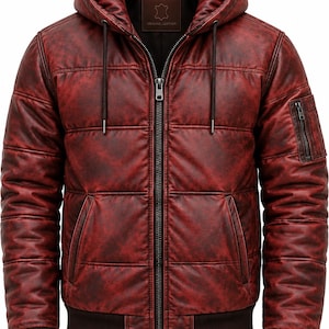 May include: A deep red, distressed leather bomber jacket featuring a quilted texture, a front zipper closure, and an attached hood with drawstrings. The jacket includes ribbed cuffs and hem, two front pockets, and a small zippered pocket on the sleeve.