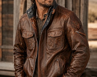 Men's Distressed Brown Genuine Leather Biker Jacket, Vintage Motorcycle Coat