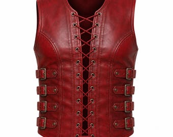 Gilet da uomo in vera pelle con lacci, stile gotico, da motociclista, medievale, rinascimentale, vichingo, per LARP e cosplay, in pelle rossa.