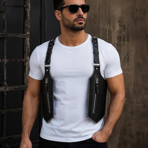 Bröstväska i äkta läder, justerbar bröstväska för män, crossbodysele i festivalstil, handgjord bröstväska i läder