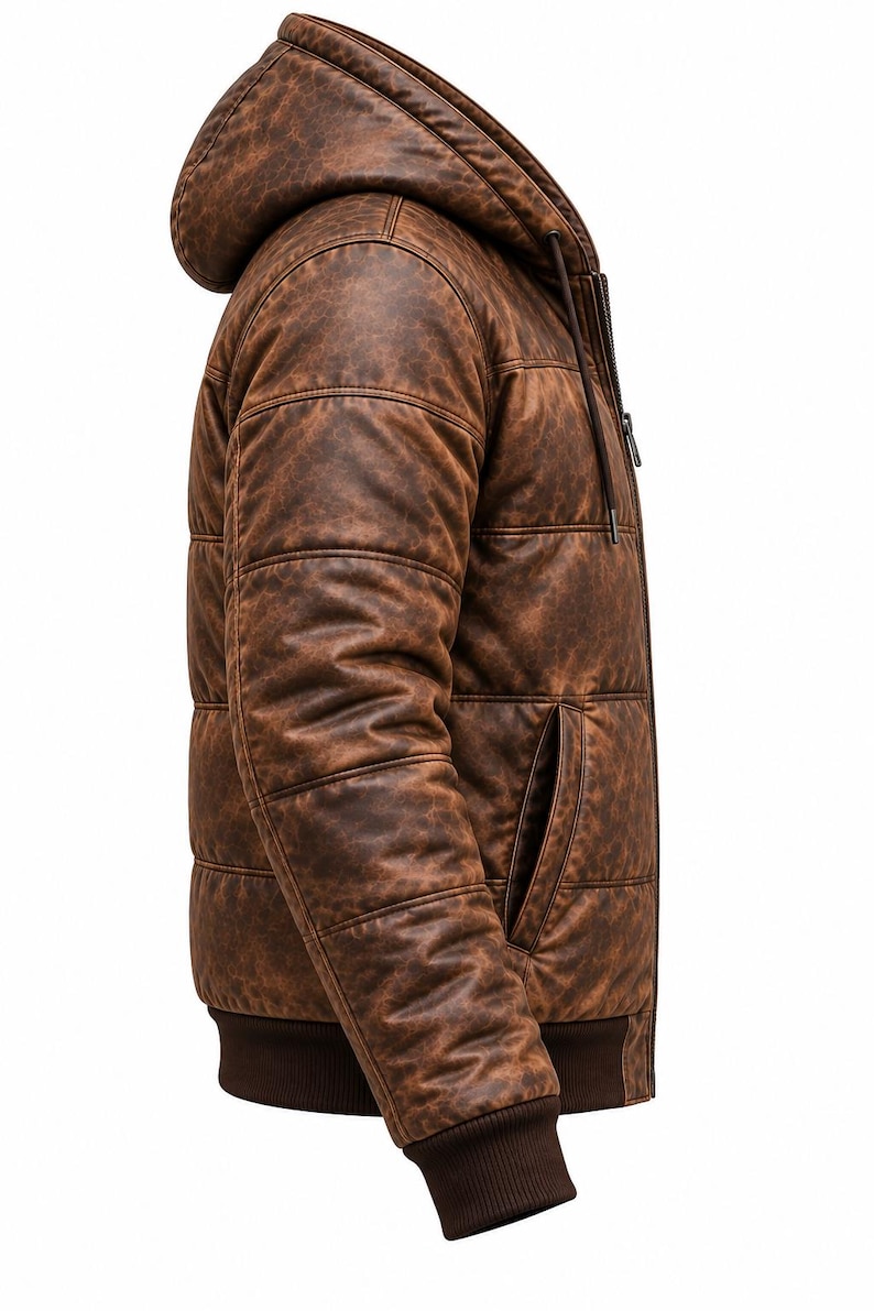 May include: A brown hooded jacket with a distressed leather-like texture and horizontal quilted stitching. The jacket features a front zipper closure, a dark brown ribbed knit hem and cuffs, and side pockets, captured from a side profile view.
