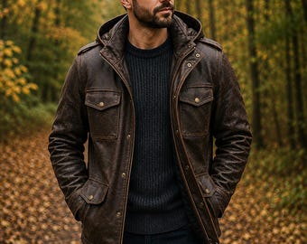 May include: A dark brown distressed leather jacket with a hood, featuring a front zipper, snap button closures, and four flap pockets on the chest and waist. The jacket is worn over a dark charcoal gray ribbed knit sweater and dark blue denim jeans.