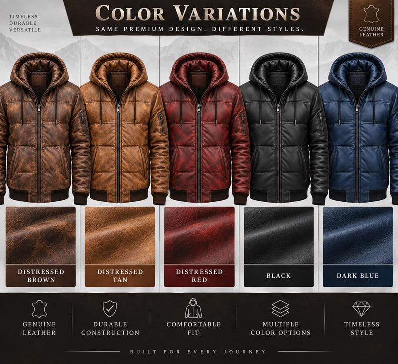May include: Five hooded jackets in distressed brown, distressed tan, distressed red, black, and dark blue. Each jacket features a front zipper, ribbed cuffs, and a quilted texture. The text reads Color Variations, Genuine Leather, and Built For Every Journey.