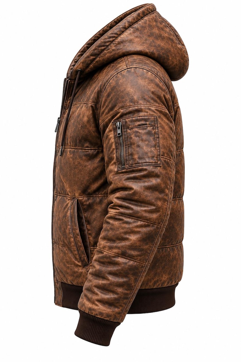 May include: A brown hooded jacket with a distressed leather-like texture, featuring a front zipper, a zippered utility pocket on the upper left sleeve, side pockets, and dark brown ribbed cuffs and hem, captured from a side profile view.