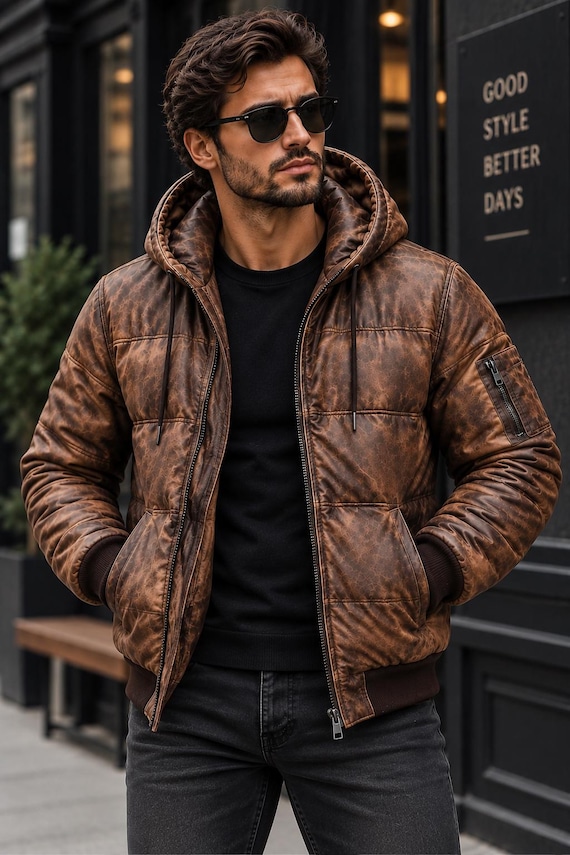 Men’s Genuine Leather Puffer Jacket, Hooded Leather Winter Coat, Casual Motorcycle Jacket