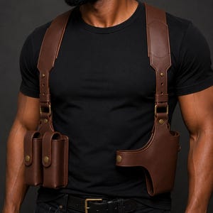 Op de afbeelding: Een bruin lederen schouderholstersysteem met brede verstelbare riemen, messingkleurige metalen hardware, twee rechthoekige tasjes aan de rechterkant en een gevormd holstercompartiment aan de linkerkant, allemaal beveiligd met drukknoopsluitingen.