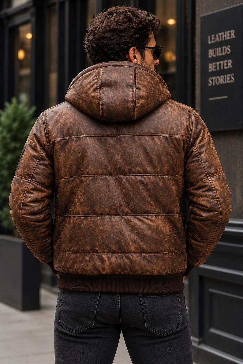 May include: A brown distressed leather puffer jacket with a hood and dark brown ribbed cuffs and hem. The jacket features horizontal quilted stitching across the back and sleeves, providing a textured appearance with varied brown tones.