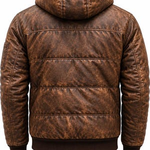 May include: A brown hooded jacket with a distressed leather-like texture and horizontal quilted stitching. The garment features long sleeves with ribbed cuffs and a matching dark brown ribbed hem at the waist, shown from the back view.