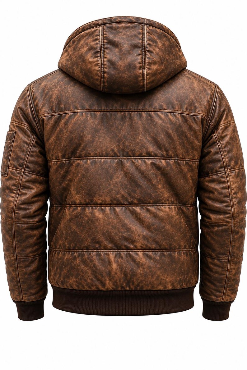 May include: A brown hooded jacket with a distressed leather-like texture and horizontal quilted stitching. The garment features long sleeves with ribbed cuffs and a matching dark brown ribbed hem at the waist, shown from the back view.
