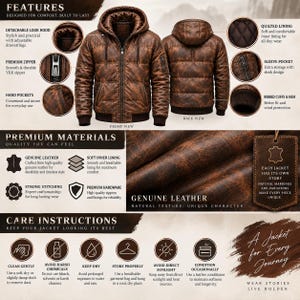 May include: A brown leather hooded jacket featuring a front zipper, ribbed cuffs and hem, a sleeve pocket, and a quilted inner lining. The jacket is displayed from both front and back views, highlighting the textured leather material and construction.