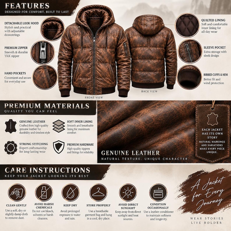 May include: A brown leather hooded jacket featuring a front zipper, ribbed cuffs and hem, a sleeve pocket, and a quilted inner lining. The jacket is displayed from both front and back views, highlighting the textured leather material and construction.