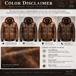 May include: A distressed brown leather hooded jacket with a front zipper, ribbed cuffs, and a quilted texture. The image includes text explaining color variations due to lighting and natural leather characteristics, showing the jacket in four light settings.