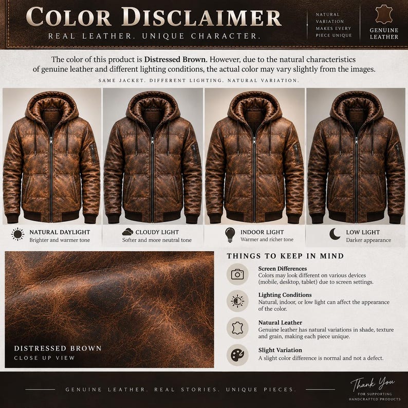 May include: A distressed brown leather hooded jacket with a front zipper, ribbed cuffs, and a quilted texture. The image includes text explaining color variations due to lighting and natural leather characteristics, showing the jacket in four light settings.