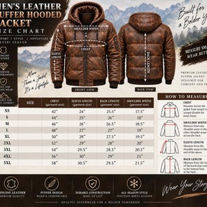 May include: A brown leather puffer hooded jacket shown from front and back views, accompanied by a detailed size chart with measurements in inches. The graphic includes text labels for shoulder width, chest, sleeve length, and back length.