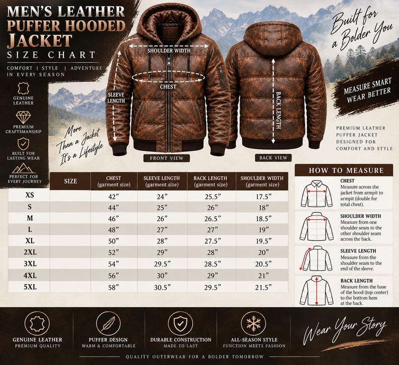 May include: A brown leather puffer hooded jacket shown from front and back views, accompanied by a detailed size chart with measurements in inches. The graphic includes text labels for shoulder width, chest, sleeve length, and back length.