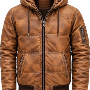 May include: A brown leather jacket with a quilted texture, a hood with drawstrings, and a central zipper closure. The jacket features ribbed cuffs and a ribbed hem, two side pockets, and a small zippered utility pocket on the left sleeve.