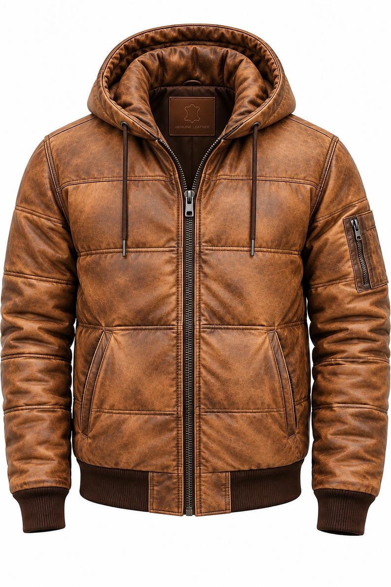 May include: A brown leather jacket with a quilted texture, a hood with drawstrings, and a central zipper closure. The jacket features ribbed cuffs and a ribbed hem, two side pockets, and a small zippered utility pocket on the left sleeve.
