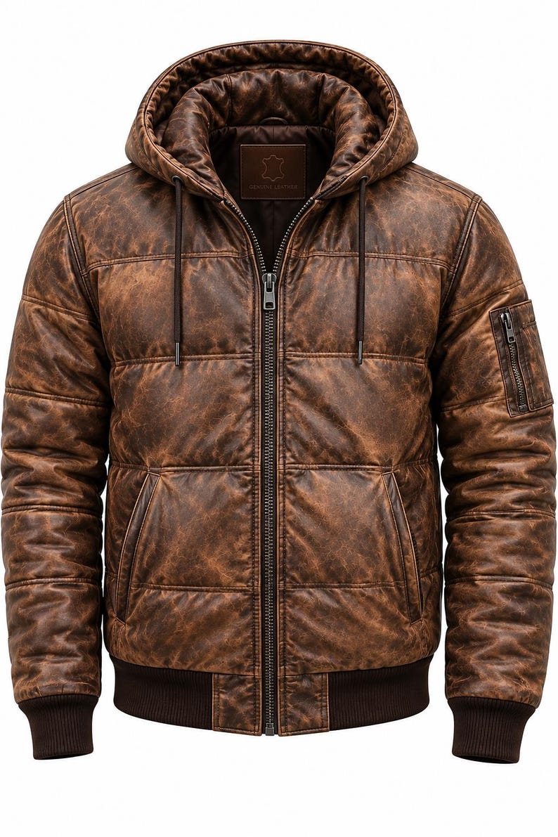 May include: A brown leather jacket with a quilted texture, a hood with drawstrings, and a full-length front zipper. The jacket features a ribbed hem and cuffs, two side pockets, and a small zippered utility pocket on the upper left sleeve.