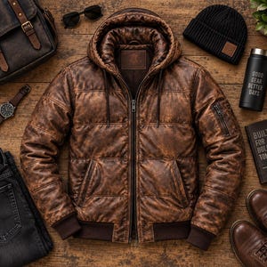May include: A brown distressed leather hooded jacket with a front zipper, ribbed cuffs, and a utility pocket on the sleeve. The jacket is surrounded by a black backpack, sunglasses, a wristwatch, a black beanie, a water bottle, and brown shoes.