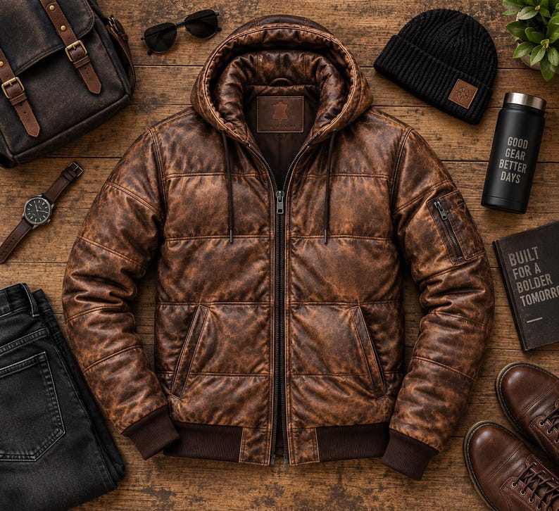 May include: A brown distressed leather hooded jacket with a front zipper, ribbed cuffs, and a utility pocket on the sleeve. The jacket is surrounded by a black backpack, sunglasses, a wristwatch, a black beanie, a water bottle, and brown shoes.