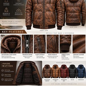 May include: A brown distressed leather hooded jacket featuring a front zipper, a detachable hood with drawstrings, ribbed cuffs and hem, a sleeve pocket, and hand pockets. The interior includes a soft lining and an inner pocket for storage.