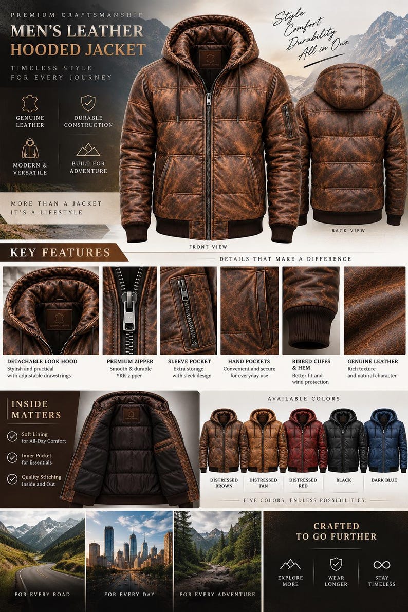 May include: A brown distressed leather hooded jacket featuring a front zipper, a detachable hood with drawstrings, ribbed cuffs and hem, a sleeve pocket, and hand pockets. The interior includes a soft lining and an inner pocket for storage.