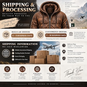 May include: A brown leather hooded jacket with a front zipper closure and quilted texture. The image includes text detailing shipping and processing information, featuring icons for orders, delivery, tracking, and customs, alongside a graphic of a plane.