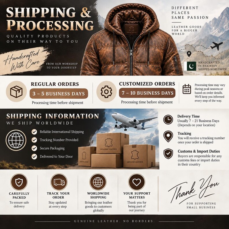 May include: A brown leather hooded jacket with a front zipper closure and quilted texture. The image includes text detailing shipping and processing information, featuring icons for orders, delivery, tracking, and customs, alongside a graphic of a plane.