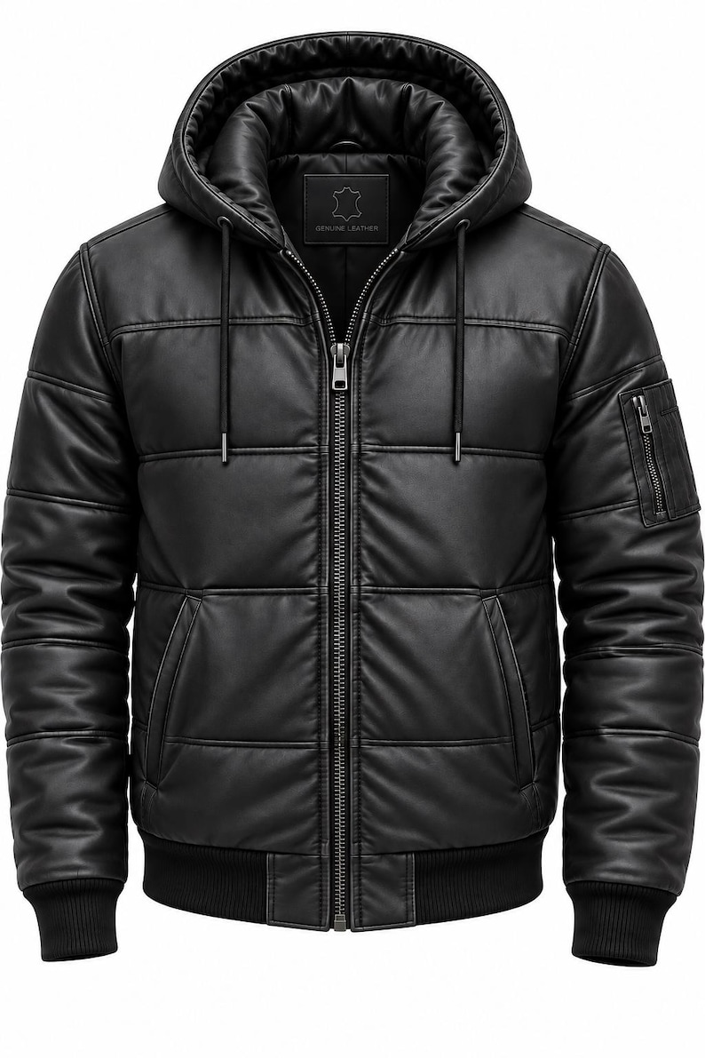 May include: A black leather jacket with a quilted design, a hood with drawstrings, and a front zipper closure. The jacket features ribbed cuffs and a hem, two side pockets, and a small zippered utility pocket on the left sleeve. A label reads Genuine Leather.