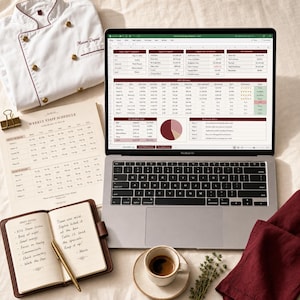 Pode incluir: Uma dólmã de chef branca com botões dourados, um laptop exibindo um painel de gestão de restaurante, uma escala semanal de funcionários, um caderno com notas manuscritas, uma caneta dourada, uma xícara de café e um guardanapo vermelho.