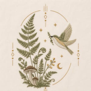 May include: An embroidery design featuring a flying bird carrying a sprig, surrounded by green ferns, two brown mushrooms, and golden celestial elements including stars and a crescent moon, all enclosed within a delicate golden stitched oval frame.