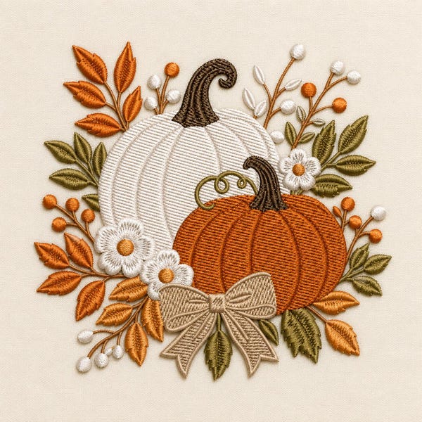 White Pumpkin Embroidery Design, Rustic Fall Floral, Autumn Harvest, Cottagecore Thanksgiving Decor (Digital File)