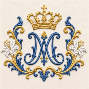 Royal Marian Monogram M Embroidery Design, Crowned Virgin Mary Initial Lily Crest (Digital Download)