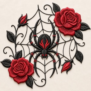 May include: An embroidery design featuring a central black spider with red accents positioned on a black spiderweb. The spider is flanked by two large, detailed red roses and two smaller red rosebuds, all surrounded by black embroidered leaves.
