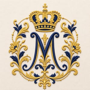 May include: An embroidery design featuring a large, dark blue letter M centered within a circular frame of gold and blue floral scrolls. A detailed gold crown with blue accents sits atop the letter, surrounded by intricate filigree patterns.