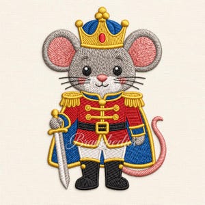 May include: An embroidered patch of a gray mouse wearing a gold crown and a red and blue military-style uniform with gold trim. The mouse holds a silver sword in one hand and has a long pink tail. The design features detailed stitching.