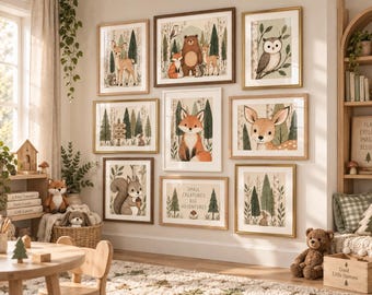 May include: A gallery wall featuring nine framed prints of woodland animals including a bear, fox, deer, owl, and squirrel, with one print displaying the text 'SMALL CREATURES BIG ADVENTURES' and another showing a signpost with the words 'EXPLORE DREAM BE KIND'.