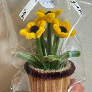 May include: A pipe cleaner sunflower arrangement in a tan velvet cupcake-shaped pot. The flowers have yellow petals and dark brown centres with green stems and leaves. The item is wrapped in clear plastic with a white ribbon printed with Just for you.