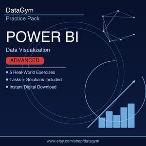 Könnte beinhalten: Ein dunkelblaues digitales Übungspaket für Power BI Datenvisualisierung von DataGym. Die Grafik enthält weißen Text, ein rotes Etikett für Fortgeschrittene, fünf praxisnahe Übungen, Aufgaben mit Lösungen und einen sofortigen digitalen Download.