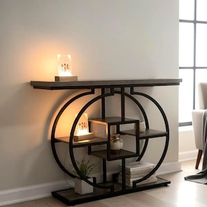 Industrial Console Table with Circular Frame, Rustic Entryway Shelving Unit