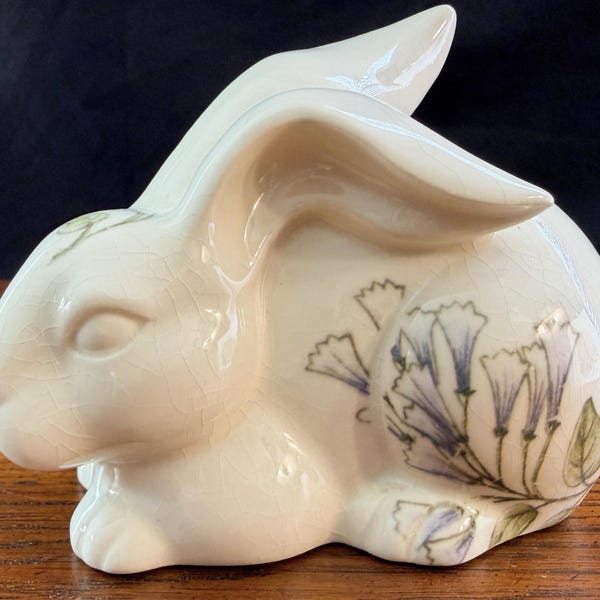 Vintage Takahashi San Francisco Ceramic Bunny Rabbit Cotton Ball Dispenser Mist Pattern