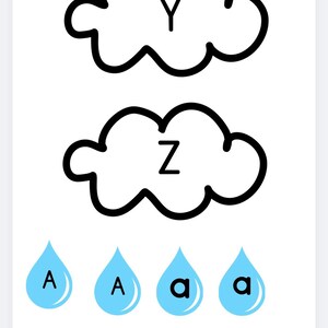 May include: Two black outlined clouds with the uppercase letters Y and Z centred inside them, positioned above four light blue water droplets. Each droplet contains a letter, with two uppercase A's and two lowercase a's displayed in black.