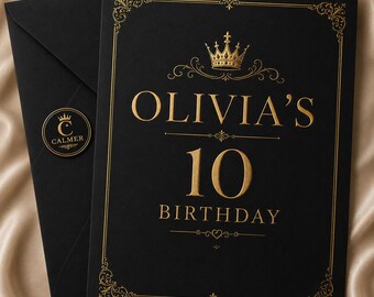 Inbjudan till 10-årsdag med Royal Crown Girl, lyxig svartguld Canvas-mall (digital nedladdning)