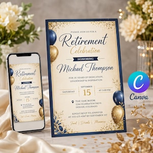 May include: A retirement celebration invitation card and a smartphone displaying the same design. The cream-colored card features navy blue text, gold glitter accents, and navy and gold balloons. It reads: Please join us for a Retirement Celebration honoring Michael Thompson, Saturday September 15 at 5:00 PM, The Oak Room, 1234 Celebration Drive, Denver, Colorado.