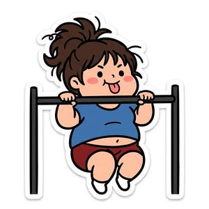 Könnte beinhalten: Ein Cartoon-Aufkleber mit einer Figur mit braunen Haaren in einem unordentlichen Pferdeschwanz, die ein blaues T-Shirt und eine kastanienbraune Shorts trägt und Klimmzüge an einer schwarzen horizontalen Stange macht, während sie die Zunge herausstreckt.